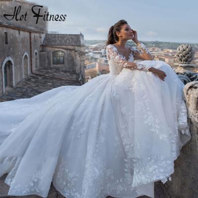 China Beautiful Princess Ball Gown Wedding New Design HFWD03 2021 Anti-Static Dresses Lace Applique Long Sleeves White Plus Size Court Wedding Dress for sale