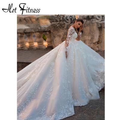 China Beautiful Princess Ball Gown Wedding New Design HFWD03 2021 Anti-Static Dresses Lace Applique Long Sleeves White Plus Size Court Wedding Dress for sale