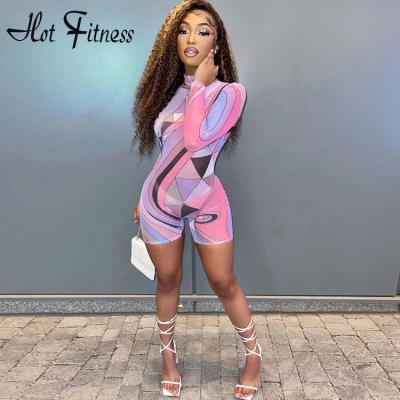 China Latest Design Printing Breathable Jumpsuits Long Sleeve Women's Short Romper Mesh See Sexy Jumpsuit Women for sale