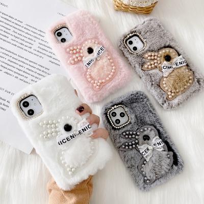 China Hot Sales Shockproof Customized Designer Luxury Sublimation Winter Mobile Phone Bags Pearl TPU Plush For iPhone 11 Pro Max Phone Case for sale