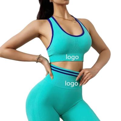 China Breathable Yoga Set Athleisure Women Sports Yoga Set Stretch Workout Sporty Blue Custom Seamless Set for sale