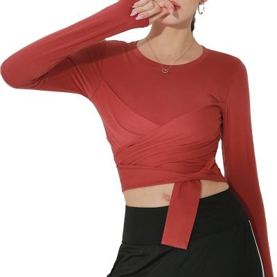 China New Dye Tie Long Sleeve Fitness Red Gym Shirt Women Antibacterial High Quality Tight Sportswear Athleisure for sale