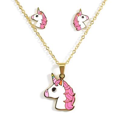 China Wholesale Cheap Environmental Friendly Cartoon Pink Girl Set Unicorn Cartoon Stainless Steel Jewelry Set for sale