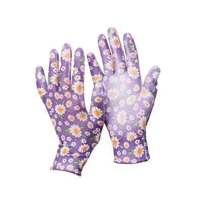 China Flower Pattern PU138 13 Gauge Polyester PU Coated Work Gardening Gloves For Ladies for sale