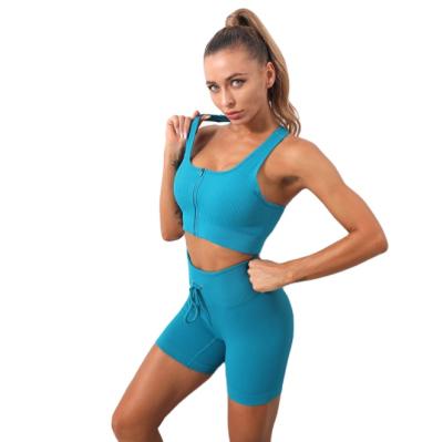 China 2021 New Threaded Breathable Yoga Suit Yoga Wear Set Straps Invest Seamless Knitted Sports Bra Shorts Yoga Wear for sale