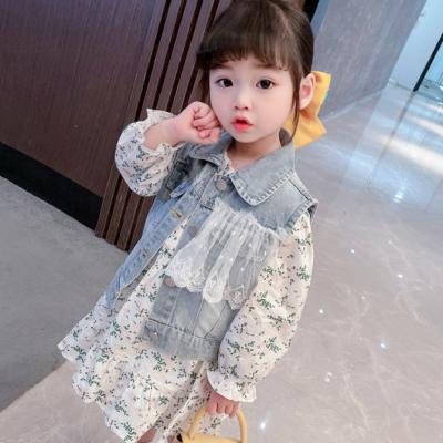 China Breathable Spring Floral Dress KS4070 Girls And Denim Vest 2021 Cute Girls Dress And Invest for sale