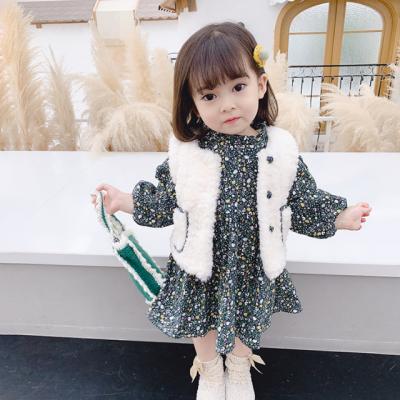 China KS3584 Anti-wrinkle cute girls flower cute two-piece dress girls fur vest dress set 2021 winter dress girl for sale