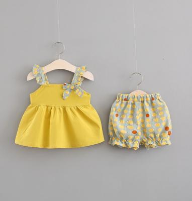 China KS0028Y New Fashion Baby Anti-Shrink Clothes Set Toddlers Two Piece Sleeveless Bow Tie Dress And Stitch Shorts for sale