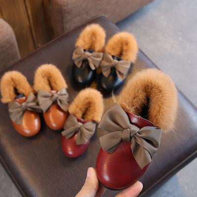 China KS1767 Girls Winter Leather Shoes Bowknot Design Wholesale Anti-slippery Kids Shoes With Fur for sale