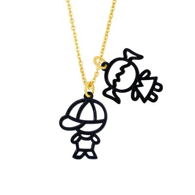 China CLASSIC Jewelry Gold Plated 18K Zircon Necklace Stainless Steel Cartoon Boy Girl Pendant Necklace For Couples Lovers for sale