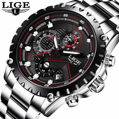 China Top Brand LIGE Auto Date Watches Luxury Silver Waterproof Army Watch Men's Quartz Stainless Steel Military Chronograph Wristwatches for sale