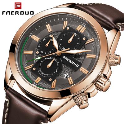 China 30M Waterproof Fashion Men's Watches Genuine Leather Calendar FAERDUO Full Black Luxury Men's Quartz Watches Business Watch Clock for sale