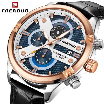 China Top Luxury Mens Wrist Watch Full Calendar FAERDUO Brand Quartz Watch Leather Sports Waterproof Male Clock Relogio Masculino for sale