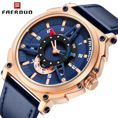 China Top Brand FAERDUO 8272 Full Calendar Luxury Mens Watches Male Synchronizes Date Sport Clock Leather Strap Quartz Business Military Men Watch Gift for sale