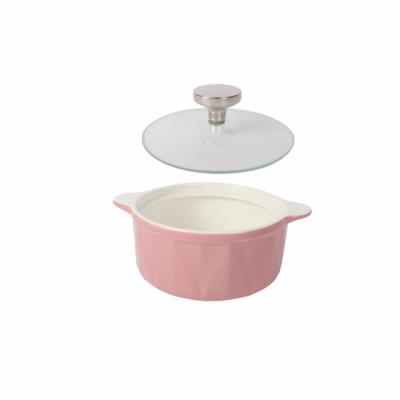 China Small Viable Ceramic Glazed Casserole With Cream Oven Cake Bowl With Handle Oven Safe Clay Casserole Glass Cover Lid Microwave Pot for sale