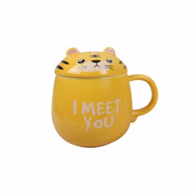 China Cute Viable Cartoon Porcelain Coffee Mug With Lid And Straw Creative Tiger Ceramic Mug With Handle Student Couples Drinks Cup for sale