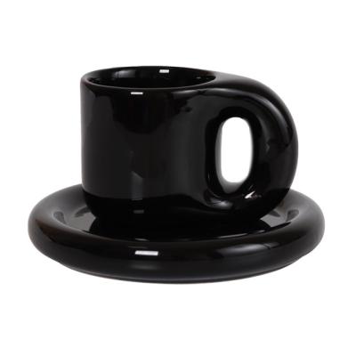 China Creative Ceramic Color Style Insti Novelty Coffee Mug Cup And Saucer Tea Cup And Saucer Set Viable Nordic Black Cup Pangpang Big Large for sale