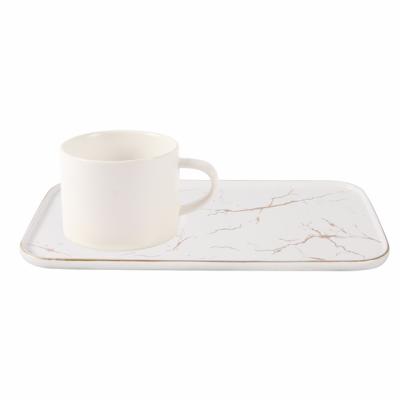 China Viable Custom Ceramic Unique Square Coffee Cup Tray Coffee Marble Plating Cup and Saucer Set Porcelain for sale