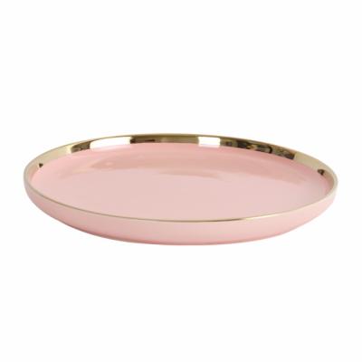 China Sustainable Wholesale Luxury Ceramic Rim Dinner Plates For Wedding Rose Gold Ribbon 10/12 Inch White Round Restaurant Spotted Plates for sale