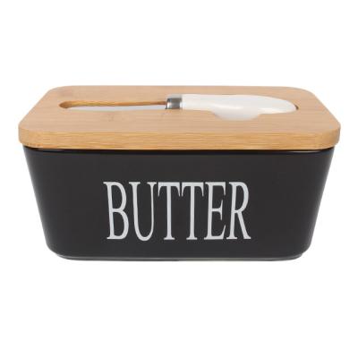 China 2022 Viable Ceramic Butter Box Cheese Dish With Lid Bamboo Knife Butter Keeper Ceramic Tool Food Storage Tray Plate Butter Container for sale