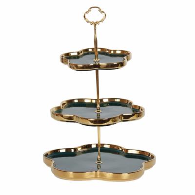 China Sustainable Ceramic Multi-Layer Fruit Plates Cake Stand Multi-Tier String Gold Line Plates Dessert Candy Snack Tray 3-Layer Cake Stand for sale