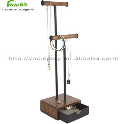 China Jewelery Display Stand / Jewelery Organizer Walnut and Black Metal Jewelery Display Stand with Drawer for sale