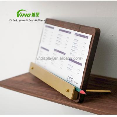 China Deluxe Walnut Brass Menu Vertical Engraving Holder, A4 Stand Display with Clip for sale