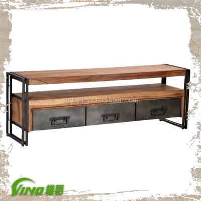 China Handmade Rustic Wood Display Rack Tier Table, Industrial Vintage Metal Frame TV Stand, Handmade Portable Shelf Display with Drawer for sale