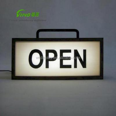 China Best Selling Handmade Vintage Wooden Light Box with Handle and Front Recycle Acrylic Sheet Handmade Painted Logo, Open Shop Sign for sale