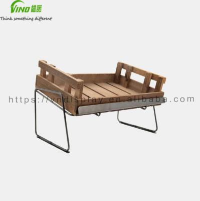 China Product Display Stand For Pop Chitting Trays With Angled Riser Melamine Tray With Handles Tall Food Tray With Wooden Legs Storage Crate for sale