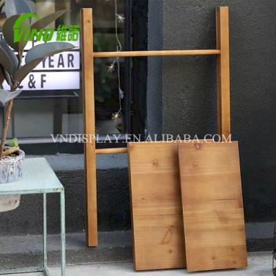 China Handmade A Shape Wood Rack With 2 Shelves Double Sides Display Rack For Rustic Food Bar for sale