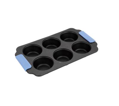 China Sustainable 6Cup Muffin Pan With Silicone Handles Cupcake Pan Muffin Tray Ultra Nonstick Coating Dishwasher Safe for sale