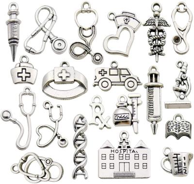 China 60pcs BOHEMIA Craft Supplies Silver Medical Nurse Cup Hat Nurse Charms DNA Stethoscope Syringe Charms For Jewelry Bracelet Pendant for sale