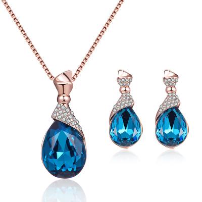 China Customized Fashionable Crystal Pendant Dubai Gold Silver Dish Necklace Earring Jewelry Set For Party Wedding for sale