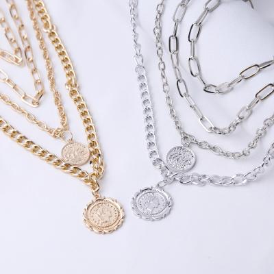 China Trend Romantic Punk Multilayer Necklace Female Hip Hop Vintage Engraved Coin Pendant Necklace Jewelry for sale