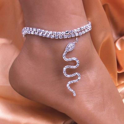 China Popular Europe Beach Rhinestone Snake Anklet Full Diamond Double Anklet Women Punk Fashion Jewelry for sale