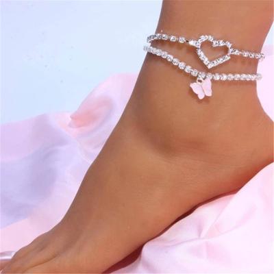 China New Full Fashion Romantic Crystal Heart Shape Bling Anklet Pink Butterfly Anklet Foot Chain for sale