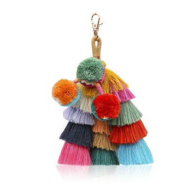 China Pom Pom Cotton Tassel Keychain Bag Charm Gradient Colors Holder Colorful Bohemian Key Chain Jewelry Promotion Gift Big for sale