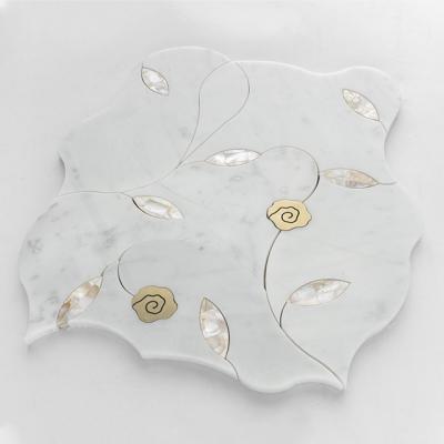 China Art modern waterjet stone pearly mosaic marble shell brass inlay tile for bathroom floor and kitchen backsplash for sale