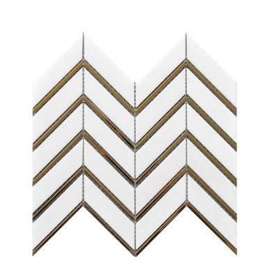 China White Parquet Herringbone Herringbone Thassos Marble And Gold Metal Mosaic Slab for sale