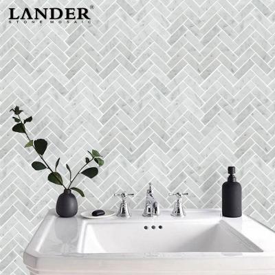 China Parquet Bianco Carrara Mosaic Bathroom Wall Tile White Stone Marble Kitchen Backsplash Herringbone Marble Slab for sale