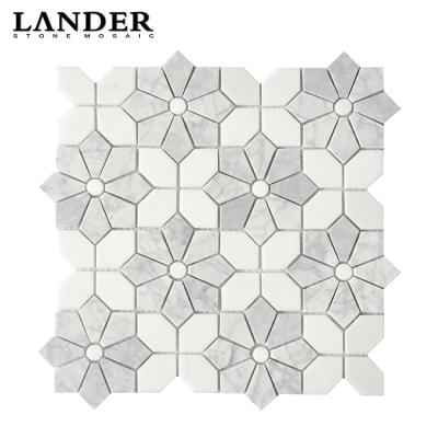 China White Mixed Design Kitchen White Flower Shape Carrara Parquet Thassos Bianco Splatter And Bathroom Wall Marble Back Mosaic Slab for sale