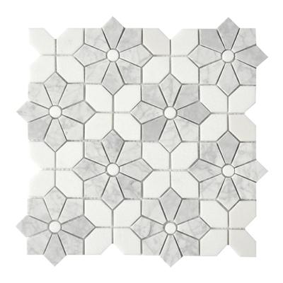 China White Mixed Design Kitchen White Flower Shape Carrara Parquet Thassos Bianco Splatter And Bathroom Wall Marble Back Mosaic Slab for sale