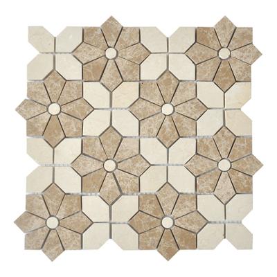 China Parquet crema marfil and emperador waterjet marble mosaic slabs for sale