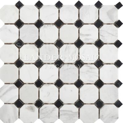 China White and Black Marble Mosaic Stone Parquet Irregular Octagon Mosaic Design for Bathroom Floor for sale