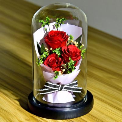 China Wholesale Used Eternal Flower Rose Glass Dome Artificial Decorative Flowers With Low LED Eternal Roses In Glass Dome for sale