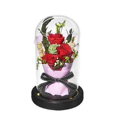 China Luxury Flower Preserved Flower Single Rose Forever Bouquet or 3 Eternal Roses in Glass Dome for Valentines Day Gift Home Decoor for sale