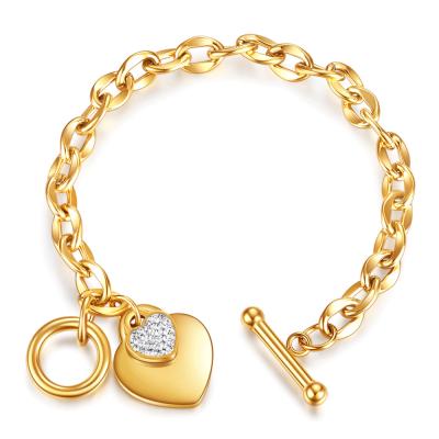 China CLASSIC Fashion Women IP Gold Plating Stainless Steel T Buckle Customized Logo Heart Charm Bracelet for sale