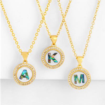 China CLASSIC Valentine's Day Alphabet Necklace Round Shape Shell 26 Letter Zircon Women Pendant Necklace for sale