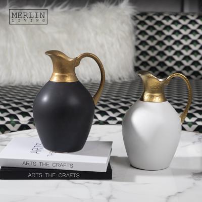 China Merlin Black White and Gold Decorative Brass Vintage Minimalist Flower Jug Vases Modern Luxury Home Hotel Decor Boho Vaso for Ceramic Vase for sale